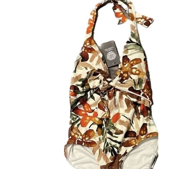 VINCE CAMUTO Printed Plunging Halter One-Piece Swimsuit ivory size 6 New - Picture 8 of 15